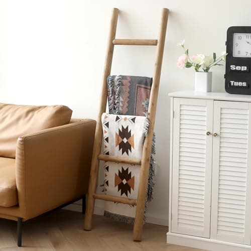 FUIN 57in Wood Blanket Ladder Living Room Decorative Wall Leaning Farmhouse Quilt Display Holder Rustic Wooden Towel Rack for Bathroom, Brown 6
