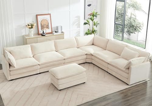 ROWHY 150'' Modular Sectional Cloud Couch, 7 Seater Corner Sofa Big Comfy Corduroy V Shaped Couch with 4 Throw Pillows, Convertible Chaise, Ottoman, Couches for Living Room Office Beige
