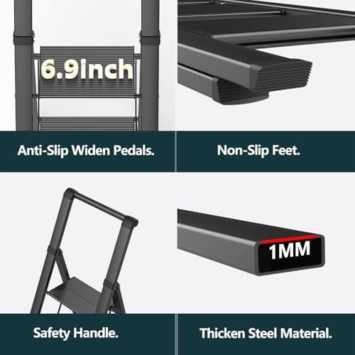 WOA WOA 4 Step Ladder, Ladders for Home, Anti-Slip Aluminum Pedals, Step Stool Foldable, Lightweight to Move, Ease of Storage, Reach 9ft for Closet Kitchen Library, Hold 300lbs - Black 5
