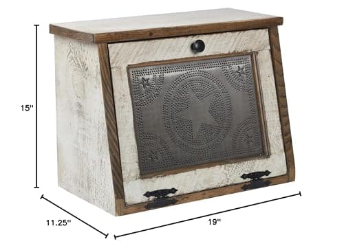 AMISH VALLEY PRODUCTS Rustic Wood Bread Box Large Kitchen Counter Storage Punched Star Tin Primitive décor Interior Shelf Wooden Country Farmhouse Breadbox (Country White) 7