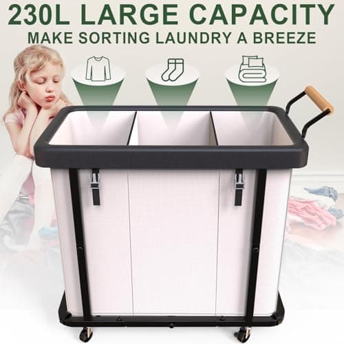 230L (60 Gal) Extra Large Fashion Laundry Sorter 3 Section with Lid, Rolling Laundry Basket Hamper with Handle, Laundry Organizer Storage Cart with Sturdy Metal Frame for Laundry Room, Hotel, White 2
