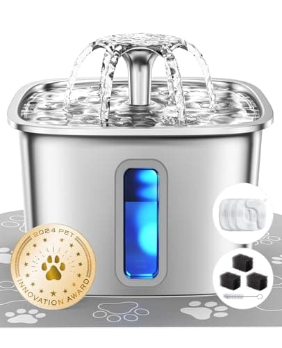 Veken Innovation Award Winner Stainless Steel Cat Water Fountain, 108oz/3.2L Automatic Pet Fountain Dog Water Dispenser with 3 Replacement Filters & Silicone Mat, Gifts for Cats, Dogs (Silver)