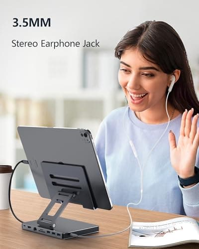 iPad USB C Hub Stand, 9-in-1 Multiport Adapter for iPad Pro M4 M3 M2 13 12.9 11 Inch Docking Station Foldable with 4K60Hz HDMI, RJ45 Gigabit Ethernet, SD/TF Card Reader, USB 3.0, 3.5 mm Audio 6