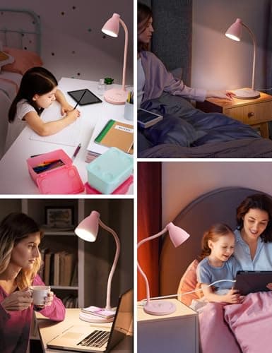 BOHON Cute Desk Lamp with USB C+A Charging Ports, Wireless Charger Pink Lamp, 5 Colors Stepless Dimming Reading Light, Touch Bedside Table Lamp, LED Desk Light for Home Office College Dorm Room Pink 7