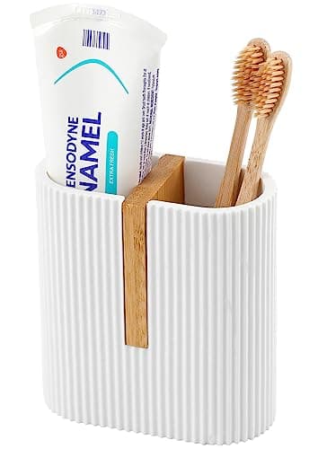 rejomiik Matte White Toothbrush Holders Electric Toothbrush Holder for Bathrooms, Bamboo Tooth Brushing and Toothpaste Storage Organizer for Sink, Countertop