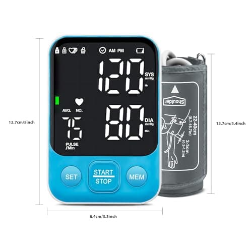 Blood Pressure Monitor Upper Arm Monitors for Home Use BP Machine with 2x120 Reading Memory Adjustable Arm Cuff 8.7"-15.7" Large Display with LED Background Light Storage Bag Light Blue 8