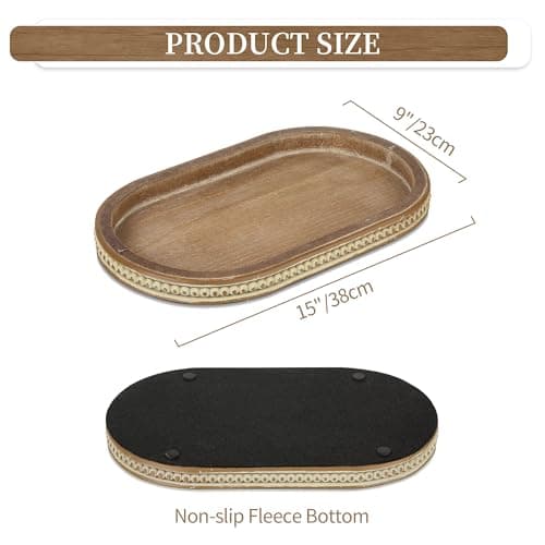 Hanobe Decorative Serving Tray Wood: Brown Bead Oval for Coffee Table Rustic Wooden Trays Decor Farmhouse Kitchen Counter Vintage Centerpiece Living Room Home Organizer, 15.15''x9.25''x1.18'' 6