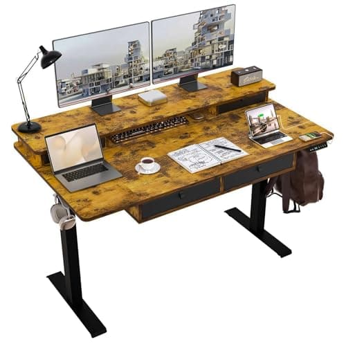 ExaDesk 55 * 30 Inches Electric Standing Widened Desk Adjustable Height with 4 Drawers, Double Storage Shelves Stand Up Desk, Home Office Workstation Sit Stand up Desk (Rustic Brown)