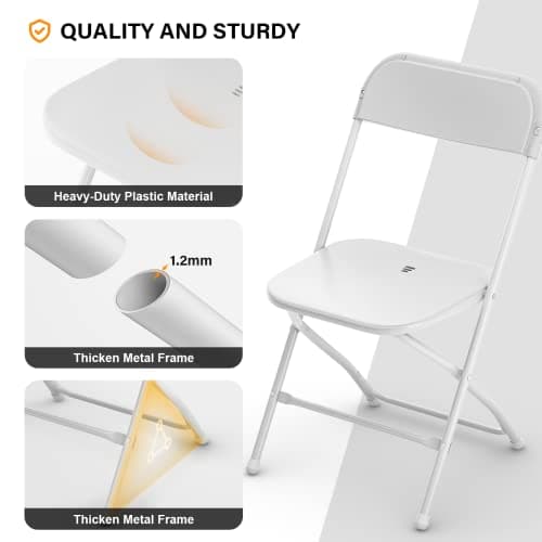 VINGLI White Plastic Folding Chairs, Set of 2, Heavy-Duty Commercial Seats with Steel Frame, 350 lb Capacity, for Indoor & Outdoor Events, Office, Wedding, Party & Dining (2, White, S) 4