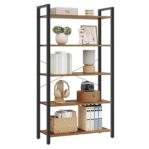 VASAGLE 5-Tier Bookshelf, Bookcase with Steel Frame, Book Shelf for Living Room, Home Office, Study, 11.8 x 26 x 60.2 Inches, Industrial Style, Rustic Brown and Ink Black ULLS061B01