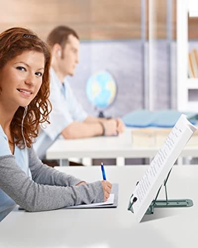 Metal Book Stand for Desk, Adjustable Reading Rest Book Holder, Portable Cookbook Documents Holder, Sturdy Typing Stand for Recipes Textbooks Tablet Music Books with Page Clips (Morandi Green) 6