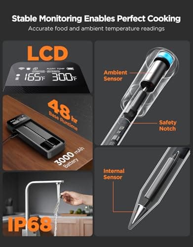 GoveeLife Bluetooth Wireless Meat Thermometer with Digital Standalone LCD Base, WiFi Unlimited Range, ±1.8℉ Accuracy, Food Grade Internal Ambient Sensor Probes for Kitchen, BBQ, Grill, Oven, Smoker 3