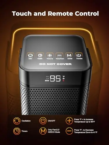 Space Heaters for Indoor Use, 1500W Portable Heater with Remote and Thermostat, 90° Oscillation, 4 Modes, 12H Timer, Overheating & Tip-Over Protection, Quiet Electric Heaters for Home, Office, Bedroom 8