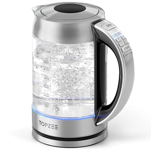 TOPZEE 1.7L Glass Electric Kettle for Coffee & Tea, Hot Water Boiler with 6 Preset Temperatures, Keep Warm and Memory Function, Auto Shut-off & Dry Boil Protection, BPA Free, Rapid Boil, 1500W, Silver