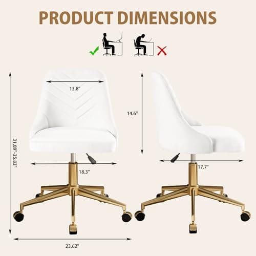 VECELO Velvet Vanity Desk Chair with Height-Adjustable for Office Living Room Bedroom Make Up Study, 360°Swivel, Wheeled Gold Base, White 3