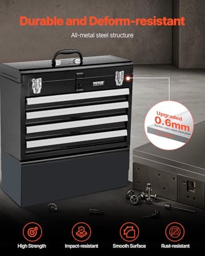 VEVOR Metal Tool Box, 20.5-inch, Portable Metal Tool Box with 4 Drawers, Small Tool Chest with EVA Liners, Ball Bearing Slide Drawers Locking & Powder Coated Finish, Multi-Function Tool Organizer 6