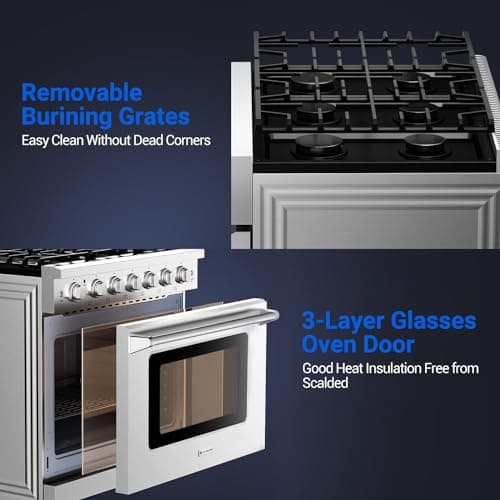 AAOBOSI 36 Inch Front Control Gas Range Oven with 6 Cooktop Burners, 6 Cu. Ft True Convection and Self Clean, Freestanding Stainless Steel Heavy Duty Gas Range Stove with Halogen Light,Stainless steel 8