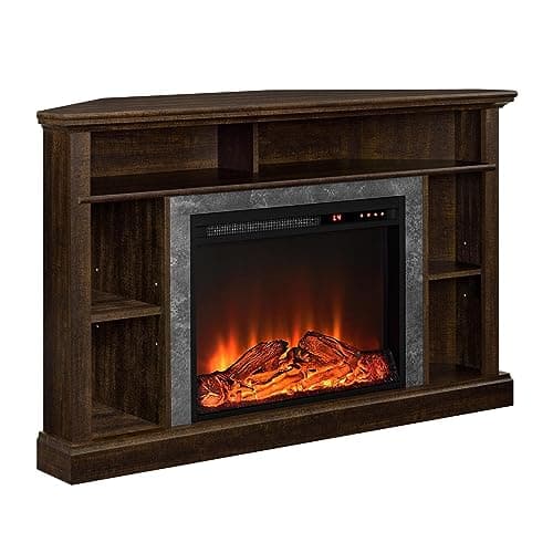 Ameriwood Home Overland Corner Fireplace TV Stand for TVs up to 50 Inch, Replaceable Electric Fireplace Insert Heater, Remote Control, Timer, Realistic Log and Flame Effect, Espresso