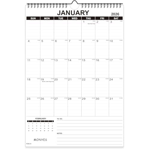 MONYES Wall Calendar 2026 Large, 17" x 12" Academic Calendar, Monthly Calendar with Wire Binding & Hanging Hook, Large Wall Calendar