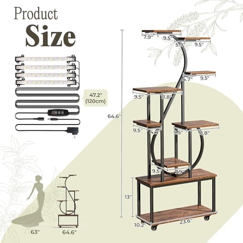 PRAISUN 65 Inch Plant Stand with Grow Light, 9 Tiered Indoor Plant Shelf with Larger Flower Holder, Music Note-shaped Stand with Top Ring Hook , Corner Plant Rack for Living Room, Rustic Brown 7