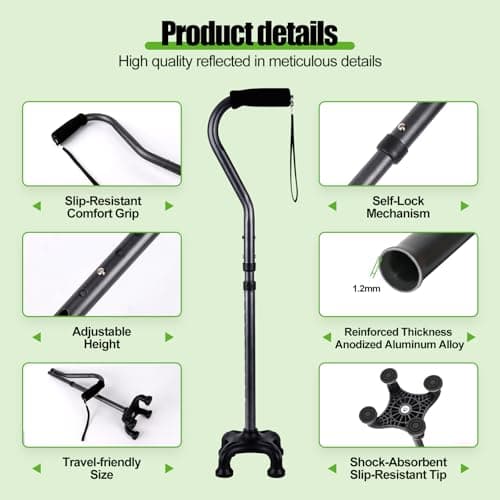 Ez2care Adjustable Folding Quad Cane for Right or Left Hand Use, Lightweight, Self Standing Small Base Walking Stick for Travel and Storage, Four Prongs Collapsible Cane, Metallic Grey 5