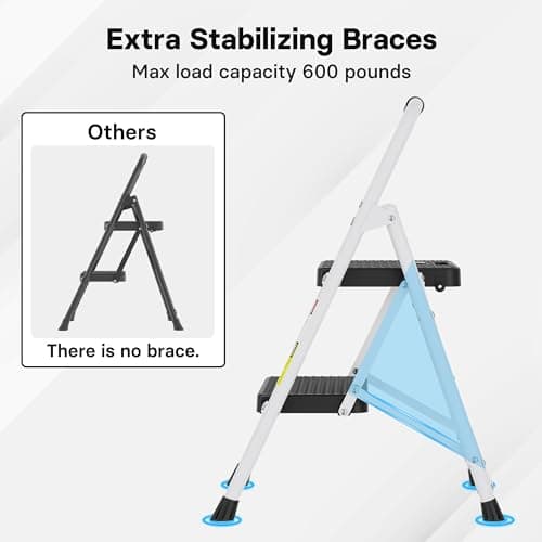 BONTEC 2-Step Ladder, Folding Step Stool, 600lbs Max Load Capacity, Sturdy Steel, Non-Slip Pedals, Lightweight, Portable Steel Ladder with Convenient Handrail, Safety Design for Home & Work, White 9