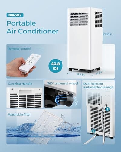 EUHOMY Portable Air Conditioners 8,000 Btu, 3 in 1 Portable Cooling AC with Dehumidifier, Fan, Sleep Modes, AC Unit with Remote Control & 24H Timer for Bedroom, Rooms, Apartments up to 350 Sq.Ft. 8