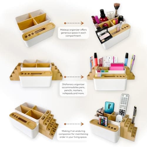 MAXIACCESS Desk Organizer - Polystyrene and Bamboo Desk Organizer with 5 Compartments - Multipurpose Desktop Stationary Organizer for Desk/Office/Art Supplies for Home/Office – White Desktop box 6