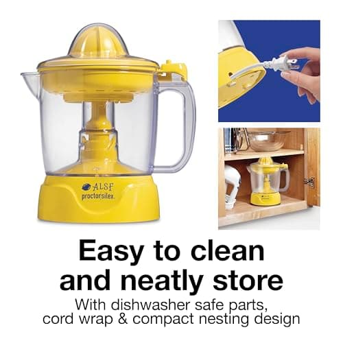 Proctor Silex Alex's Lemonade Stand Electric Citrus Juicer Machine, Large 34 oz. Pitcher, Pressure Activated, for Lemons, Limes and Oranges, 34 oz, Includes 2 Reamers & Recipe Book, Yellow (66341) 11