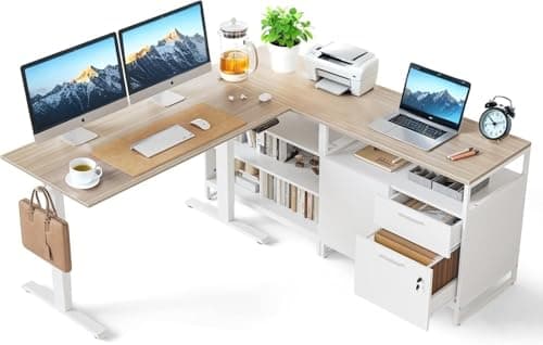 FEZIBO Electric L Shaped Standing Desk with Storage, Executive Desk Adjustable Height, Light Walnut
