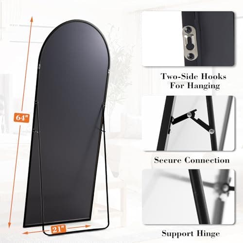 DUMOS Arched Full Length Mirror with Stand 64"x21" Floor Standing Aluminum Frame for Bedroom Body Hanging Leaning Modern Simple Home Decor Shatter-proorf Nano Glass Wall Living Room Cloakroom Black 2