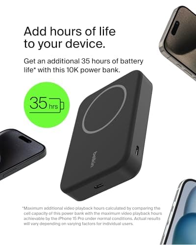 Belkin Portable Charger, Wireless Power Bank 15W 10000 mAh w/ Qi2, MagSafe Charger + Built-in Pop-up Kickstand - iPhone 17, Air, Pro, Pro Max, AirPods, Apple Watch, Google Pixel 10, etc. - Black 6