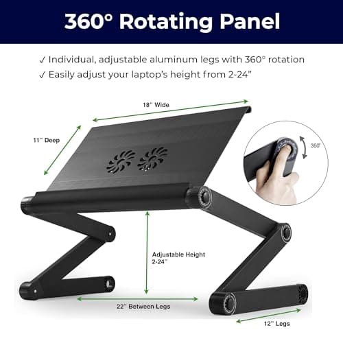 WorkEZ Executive Laptop Cooling Stand, Adjustable Desk for Bed, Foldable with 2 Fans & 3 USB Ports, Computer Lap Desk, PC Holder for Bed, Ergonomic Table Stand, Home Office Supplies, Black 6