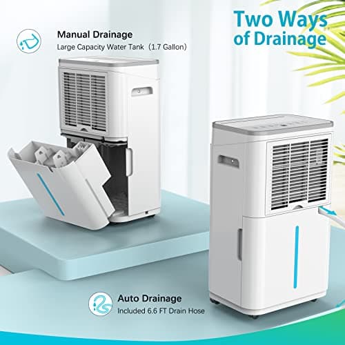 HUMILABS 50 Pint 4500 Sq.Ft Home Dehumidifiers, 1.7 Gallon Tank Dehumidifier for Basement with Drain Hose, Auto/Quiet Sleep/Dry Mode 7