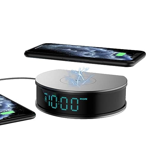 LIZVIE Alarm Clock, Wireless Charging Alarm Clock, LED Digital Clock, 3 Levels Touch Dimming, Vintage Silver Gray Decorative Digital Clock 15W Fast Wireless Charging with USB Port, Wireless Charging S