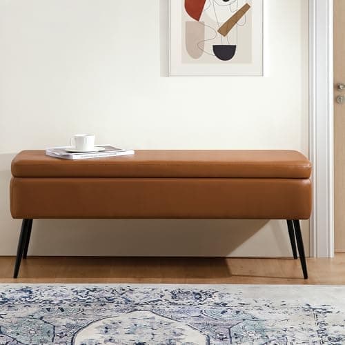 kinmars Leather Storage Ottoman Bench,End of Bed Bench for Living Room Bedroom Dinning Room Entryway,Mid-Century Modern, with Steel Legs,Safety Hinges, Loads 660 lb (Without Button, Brown)
