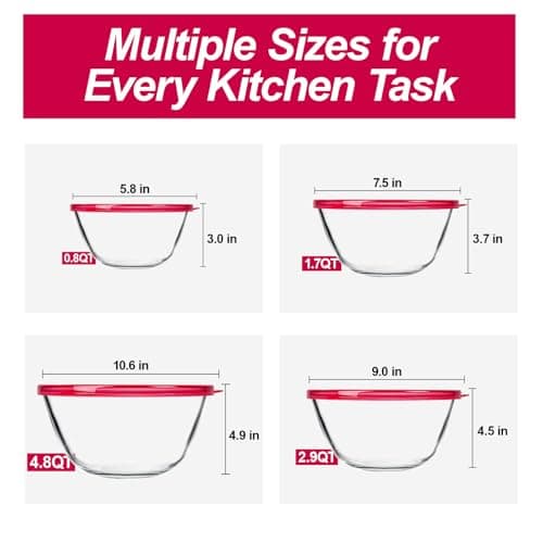 KOMUEE 4 Pack Glass Mixing Bowls Set with Lids (4.8QT, 2.9QT, 1.7QT, 0.8QT), Glass Nesting Bowls for Kitchen Baking, Cooking and Serving, Oven, Dishwasher, Freezer, and Microwave Safe 2