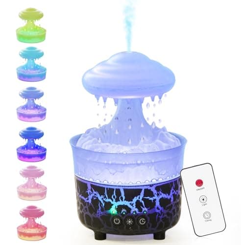 BOHOFAM Aroma Essential Oil Diffuser,Rain Cloud humidifier Simultaneously Water Drip and Air Mist,Rain Diffuser with 4 Hotel Collection Essential Oils for Home,Bedroom,Colorful Light(Black) 9