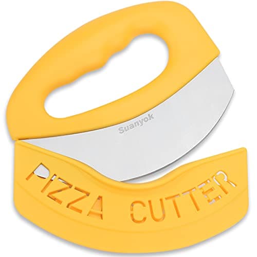 Suanyok Premium Pizza Cutter Food Chopper-Super Sharp Blade Stainless Steel Pizza Cutter Rocker Slicer with Protective Sheath Multi Function Pizza Knife Kitchen Tools,Dishwasher Safe (Yellow)