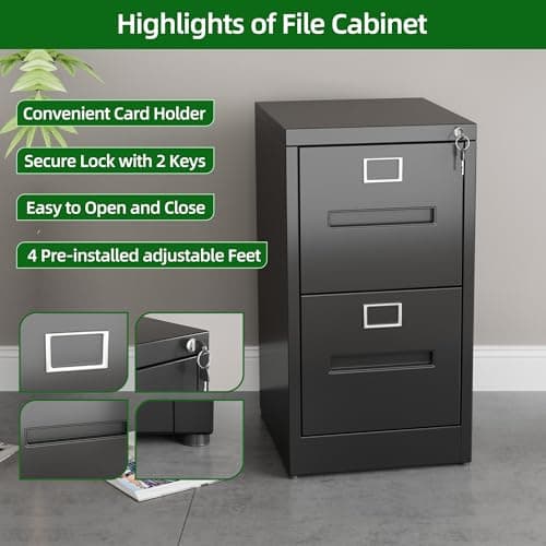 GangMei 2 Drawer Metal Vertical File Cabinet with Lock, Narrow Filing Cabinet with Hanging Letter/Legal/A4 Folders for Home, Office, Assembly Required, Black, 2 Drawers 6