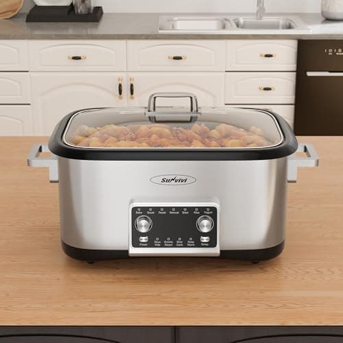 Sunvivi 8 Quart Slow Cooker Roaster Oven, 12 in 1 programmable Multi-Cooker Food Warmer with Digital Timer, Temp Control, Removable Cast Aluminum Pot & Dishwasher-Safe Tempered Glass Lid, Stainless 9