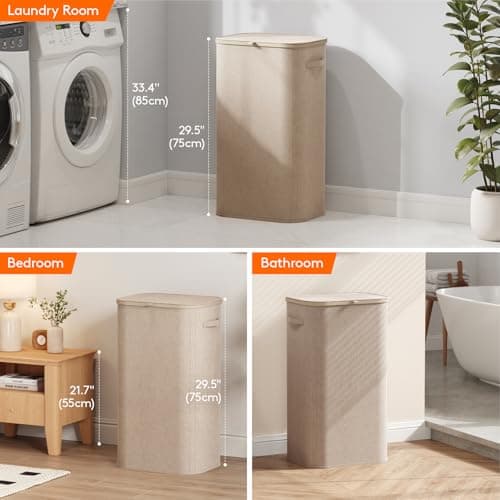 Lifewit 105L Large Laundry Basket with Lid, Laundry Hamper with Plastic Handles and Removable Bag, Foldable Tall Dirty Clothes Hampers for Laundry for Laundry Room, Bedroom, Bathroom, Dorm, Beige 8