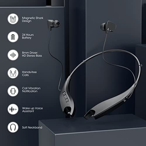 YOSDOM Neckband Bluetooth Headphones, Around The Neck Headphones 24H+ Playtime, Bluetooth Headsets with Call Vibration, Shark Jaw Design Wireless Earbuds+Noise Isolation/Built-in Mic/IPX7 Waterproof 9