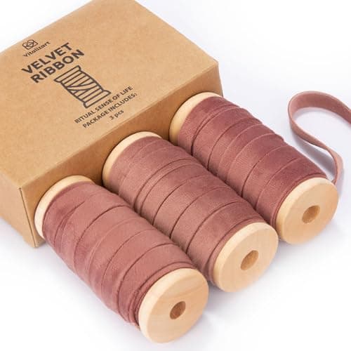 Vitalizart Rose Gold Velvet Ribbon Set 3/8"" x 15 Yd Wooden Spool Fabric Trim 3 Rolls * 5 Yd for Christmas Wreath Decoration Handmade Craft Ornaments Gift Wrapping & Bow Making