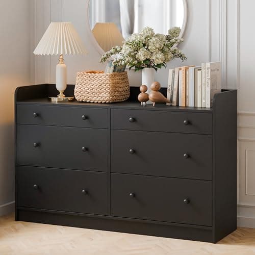 Cozy Castle Baby Dresser with 6 Drawers and Large Table Top, Multi-Functional Chest of Drawer, Drawer Dresser with Three-Sided High Rails for Nursery, Children's Room, Bedroom, Black 8