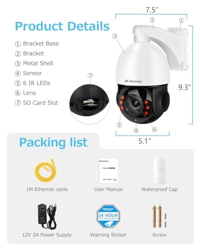 Jennov 4K 8MP Outdoor PTZ IP POE Camera with Pan Tilt 20X Optical Zoom & Human Detection, Speed Dome Security Camera with 320ft IR Night Vision, Auto Tracking, Only Work with Onvif POE NVR 9