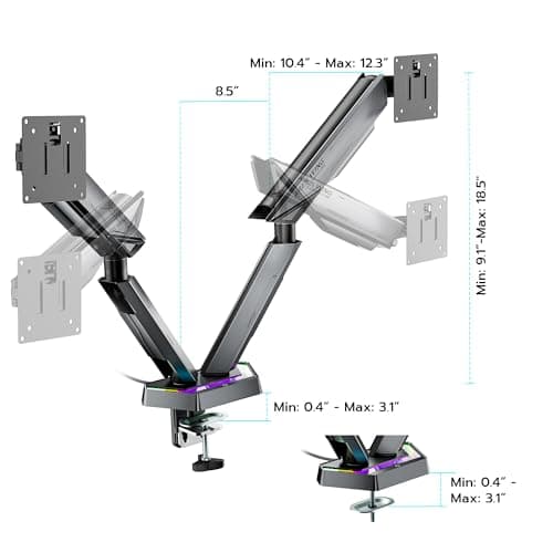 ARES WING RGB Dual Monitor Arm for 17-38" Ultrawide Screens, Holds 35.2lbs, Heavy Duty Dual Monitor Stand for Desk, Adjustable Double Mount with Clamp & Grommet Base, 75/100 VESA Mount, Gray 9