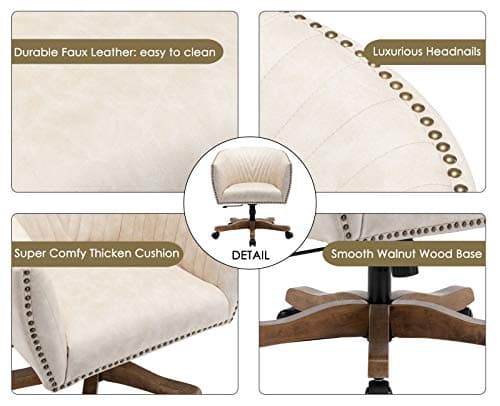 Guyou Retro Barrel Swivel Home Office Desk Chair for Heavy Duty, Upholstered Ergonomic Accent Arm Chair with Luxurious Nailheads and Pleated Mid-Back, Beige in Faux Leather 6