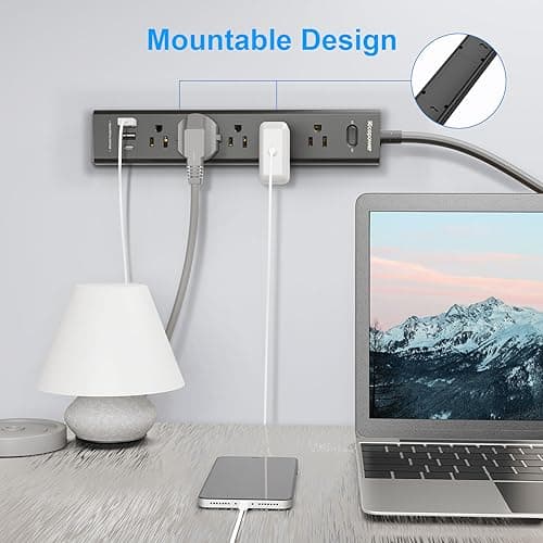 2 Pack Power Strip Surge Protector-5 Widely Spaced Outlets 3 USB Ports(1 USB C Port),1250W/10A with 5Ft Extension Cord, Power Strips with Surge Protection, Wall Mount for Home Office,Black 7