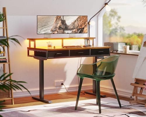 AODK Electric Standing Desk with Drawers, 47 Inch Height Adjustable Small Gaming Desk with Power Outlets & LED Lights, Sit Stand Table with Monitor Stand for Home, Office, Workstation, Rustic Brown 7